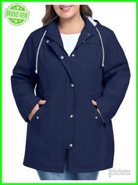 Plus Size Waterproof Rain Jacket Hooded Windbreaker Trench Coat